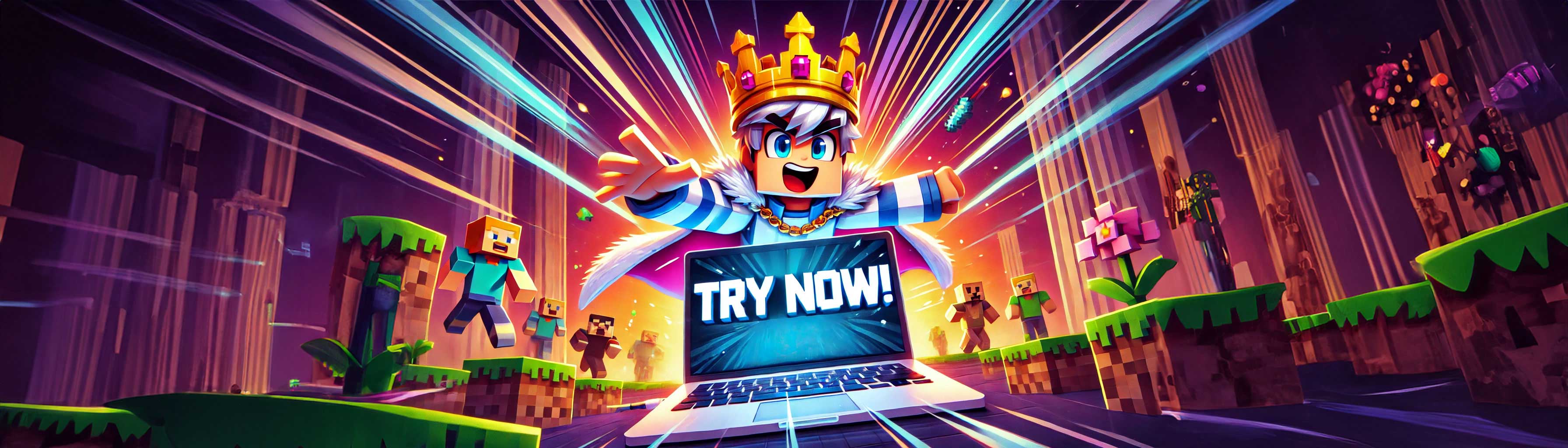 Minecraft-style animated scene featuring a crowned character excitedly presenting a laptop with 'Try Now!' text on the screen.